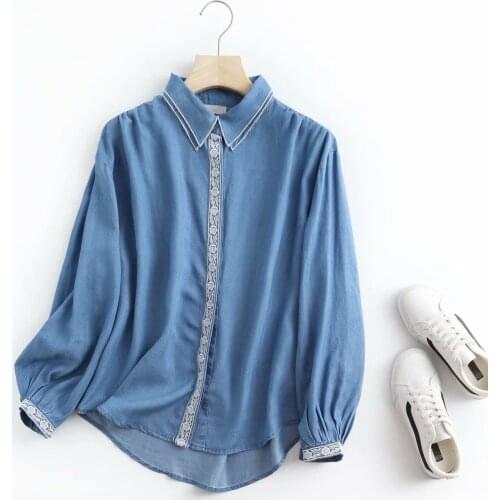 Loose denim shirt women blouse turn down collar long sleeve spring embroidery shirt summer streetwear shirt top