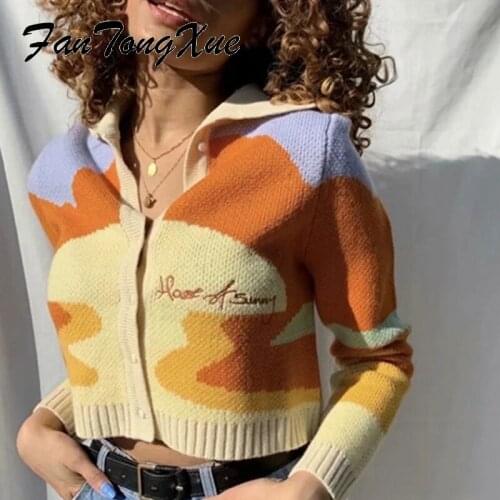 Cropped Sweater for Women Geo Print Button Vintage Short Cardigan Women Straight Long Sleeve Turn Down Collar Fashion Cardigan