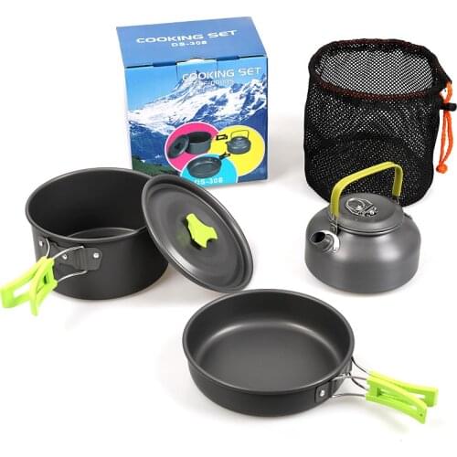 Ultra-light Aluminum Alloy Camping Cookware Utensils Outdoor Cooking Teapot Picnic Tableware Kettle Pot Frying Pan 3pcs/Set