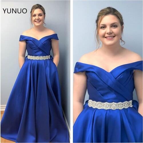 YUNUO A-line Off Shoulder Prom Evening Dresses Satin Royal Blue Long Formal Gowns With Pockets Robe De Soiree Crystal Belt