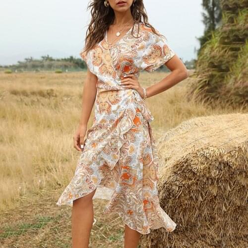 Womens clothing womens summer dress Asymmetrical Ruffles V-Neck printing dress