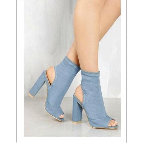 Women ankle boots Summer boots peep toe chunky heel rear cutout slingbacks 11 cm height heels blue denim Black Denim and Mauve