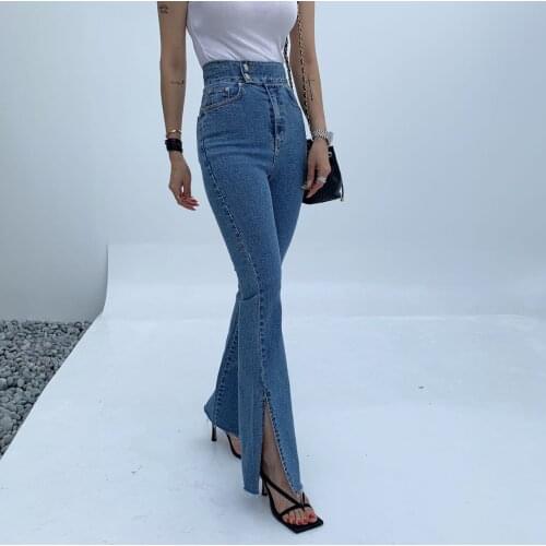 Alien Kitty 2021 High Waist Solid Spring Women Streetwear Office Lady Plus Jeans Hot Female Flare Pants Casual All-Match Trouser