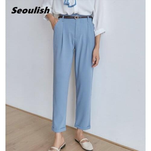 2021 New Korean Style Womens Formal Straight Pants with Belt High Waist Elegant Office Lady Ankle-Length Loose Pants Pockets