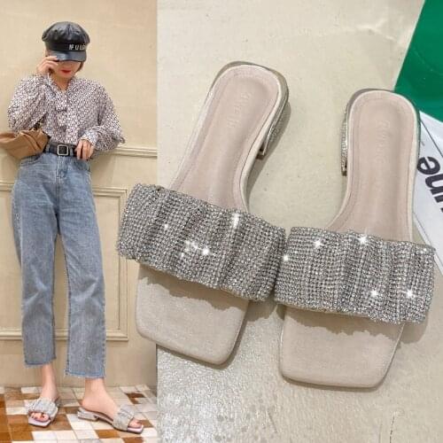 New style ladies' flip flops, for outer wear, summer trendy sweet rhinestone solid color mid-heel Roman slippers, comfortable