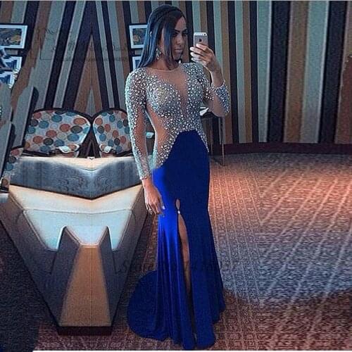 Sexy Royal Blue Mermaid Evening Dress Gowns Crystal Long Sleeve Prom Dresses 2016 Abiti da Cerimonia da Sera Robe de Soiree