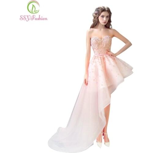 SSYFashion Evening Dresses Bride Banquet Pink Lace Sweetheart Flowers Short Front Back Long Tail Prom Dress Plus Size Party Gown