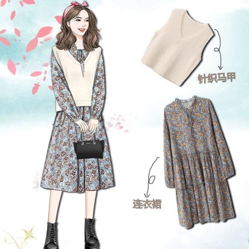 Single/Suit Spring New Loose Large Size 100kg Plump Girls Floral Waistcoat Dress Womens Skirt Long Skirt Two-Piece Set