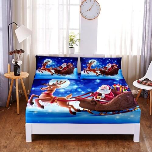 Christmas Sleigh 3pc Polyester Solid Fitted Sheet Mattress Cover Four Corners With Elastic Band Bed Sheet(2 pillowcases)