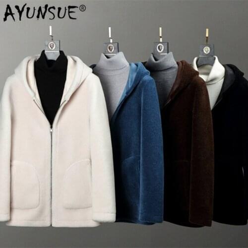AYUNSUE Real Fur Coat Men 2020 Autumn Winter Double-sided Wear Jacket Male Hooded Sheep Fur Coat Chaqueta Cuero Hombre 902 YY314