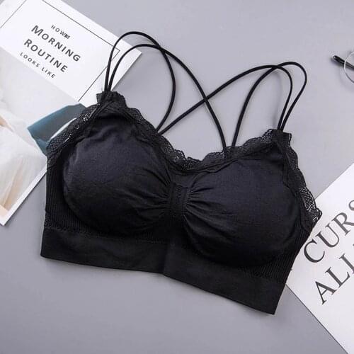 Seamless Crop Top Women Sexy Lace Cross Bandage Tube Tank Top Wrap Chest Sports Underwear Bra Female Basic Tank Brassiere Solid