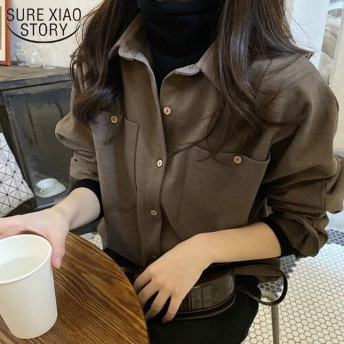 New Autumn Lapel Pockets Office Ladies Top 2021 Korean Style Solid Thick Shirt Vintage Long Sleeve Button Up Blouse Women 12968