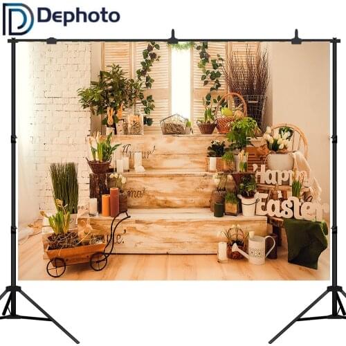 Dephoto Photo Background Happy Easter Day Wood Stage Floral Board Wall Rabbit Bunny Wreath Baby Portrait Backdrop Studio props