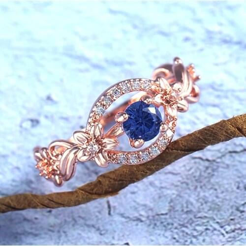 HUITAN Luxury Cherry Flower Engagement Rings With Romantic Rose Gold Color AAA Blue CZ Stone Special Anniversary Gift Rings