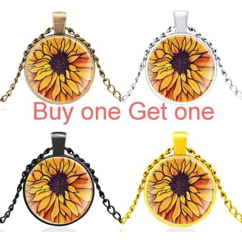 Classic Sunflower Flower Design Black Glass Dome Charm Pendant Necklace Men Women Jewelry Accessories