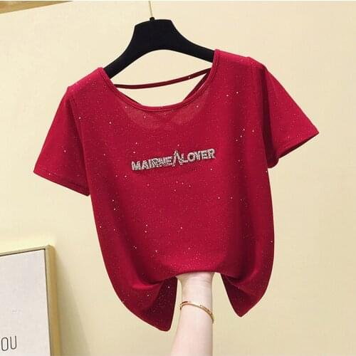 Summer Shiny backless T-shirt Women Solid Letter Cotton Funny Tops Tee Shirt Women Short Sleeves Casual Knitted Tees Femme 2020