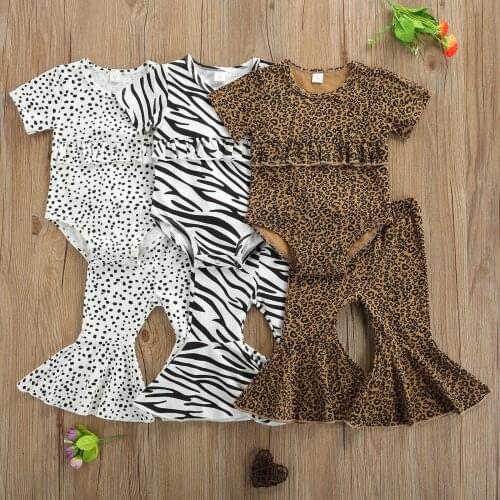 Cute Newborn Infant Baby Girl Clothing Leopard Stripe Dot Print Romper Top Flare Pants Outfits Sunsuit Toddler Girl Summer Set