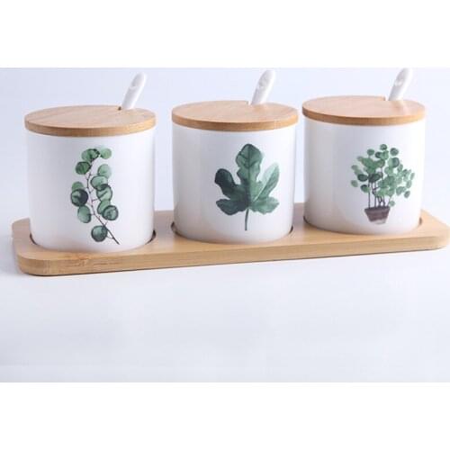 Nordic Ceramic Seasoning Bottle Set Household Green Planting Spice Jar Condiment Salt Sugar Storage Tank Kitchen Cooking Tools