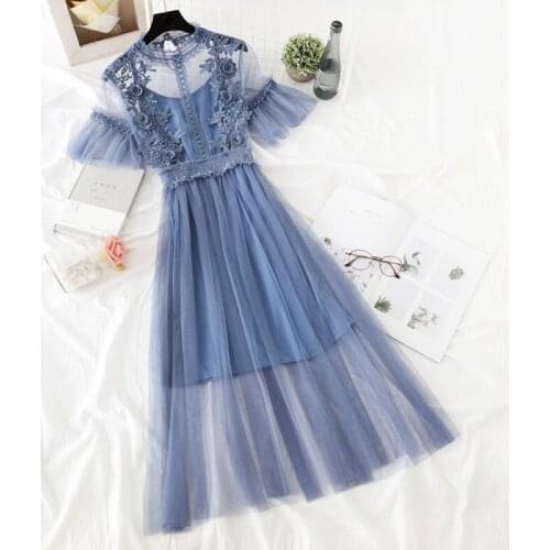 2020 New Fashion Women Dress Lotus leaf collar Short sleeve Mesh Dress Lace Embroidery Sling Two-piece Dress Femme Vestidos Robe