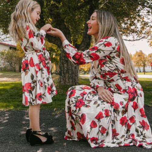 Family Matching Dresses Mother Daughter Short Sleeve Floral Print Long Dress Mommy And Me Family Look Outfits