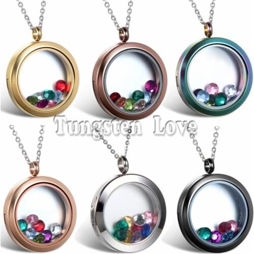30mm Round Shape Magnetic Glass Stainless Steel Floating Locket with Colorful rhinestone classical Necklaces 45cm Chain Beauty