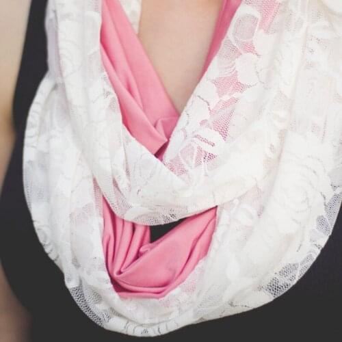 2020 fashion neck rings scarf women solid jersey knit floral lace Infinity scarf bandana women hijab with White Stretch Lace