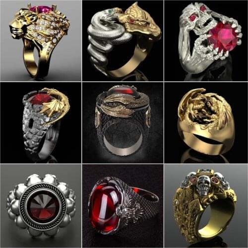 Vintage Punk Dry Well Evil Dragon Rings For Men Gothic Metal Two-tone Red Zircon Stone Steampunk Rings Women Jewelry Z4M520
