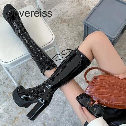 Winter For Woman New Fashion Consice Shoes Elegant Platform Red White Cross Lacing Chunky heels Knee High Boots Big Size 34-43