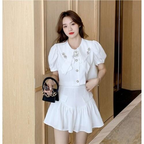 2 Piece Set Women Outfits White Sweet Summer Irregular Bowknot Diamond Doll Collar Cute Shirt Tops+Ruffled High Waist Skirt Suit