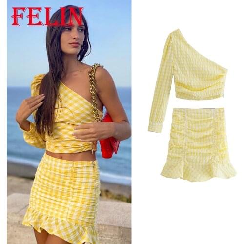 Za 2021 Women Suit Active Yellow Plaid One-sleeve Short Shirt and Ruffles Mini Skirts Fashion Autumn Young Stylish Suits Outfit