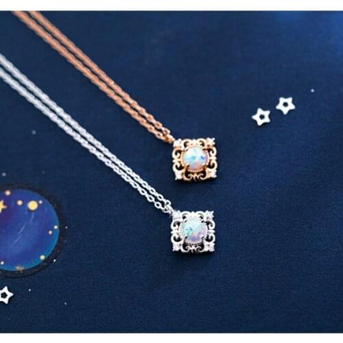 S925 silver pendant necklace female sweet square pattern clavicle short chain Opal necklaces for women Girls wedding Jewelry