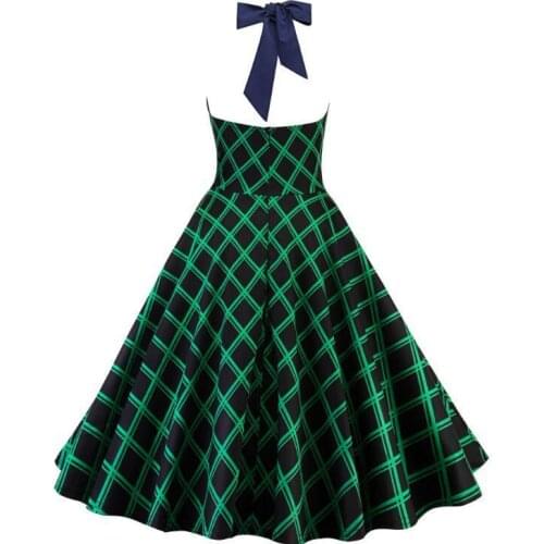 Women Retro Dress 50s 60s Vintage Rockabilly Swing Robes Green Plaid Spliced Ladies Dresses Elegant Knee-length Female Vestidos