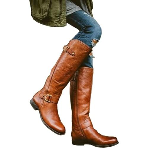 Winter Boots Women Square Low Heel Riding Motorcycle Heel Knee High Boots Punk Gothic Platform Ankle Buckle Strap Shoes