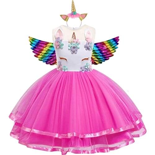 2021 Child Unicorn Dresses Rainbow Ball Gown Girls Clothes Tutu Kids Princess Dress Birthday Party Vestidor Robe Infantil