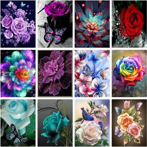 SHAYI DIY Diamond Embroidery Flowers Butterfly Picture Cross Stitch Kit Rhinestone Art Diamond Painting Purple Rose Home Decor