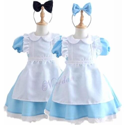 Halloween Kids Girls Anime Alice Adventures Blue Party Dress Alice Dream Child Sissy Maid Lolita Cosplay Costume