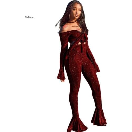Design Women Sexy 2 Piece Set Solid Color Slash Neck Long Sleeve Top Flared Pants Fashion Women Set