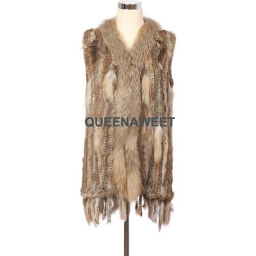 Real Rabbit Fur Long Vest With Raccoon Fur Collar And Tassles Knit Gilet Jacket Women Coat Winter