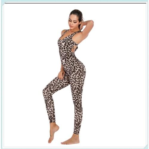 Women Hollow Cross Backless Leopard Jumpsuit Fitness Leopard Print Elasticity Jumpsuit Gym Soft Yoga Sports Jumpsuit Female