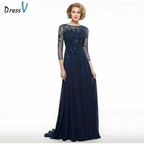 Dressv elegant scoop neck 3/4 sleeves mother of bride dress beading floor length zipper up long mother evening gown custom