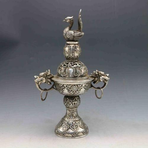 Exquisite OLD Tibetan silver Hand-Carved 2 Dragon Incense Burner & Peacock Lid