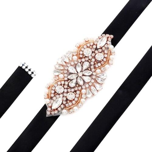 JLZXSY Handmade Flower Design Crystal Bride Sash Rose Gold Silver Gold Rhinestone Applique Belts for Wedding Dress