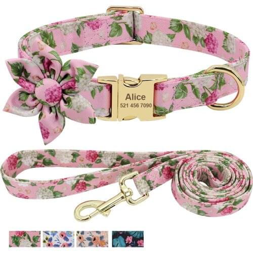 Fashion Printed Nylon Dog Collar And Leash Set Personalized Pet Puppy Cat Collar Custom Dog ID Nameplate Collars Free Engraving