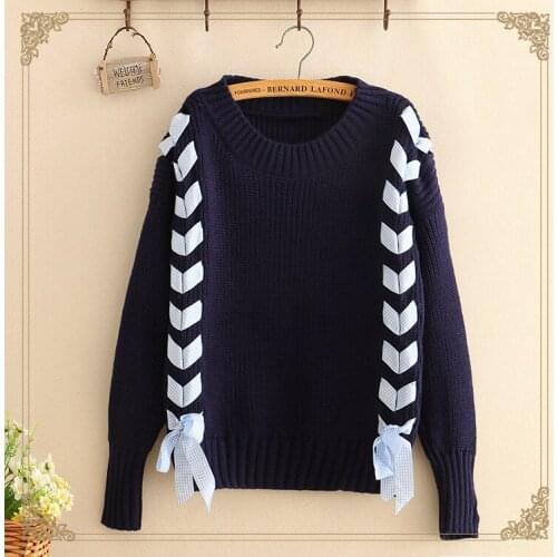 Fall 2018 new female Japanese soft sister getting sweet bowknot sweater much round collar sweater coat