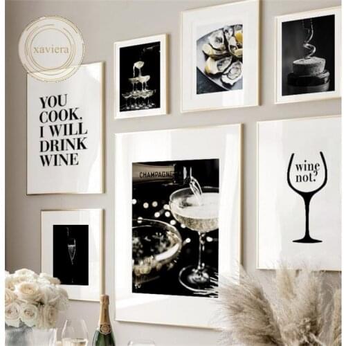 Nordic Champagne Wine Food Posters and Prints Modern Black and White Canvas Painting Pictures Home Decor Bar Restaurant Kitchen