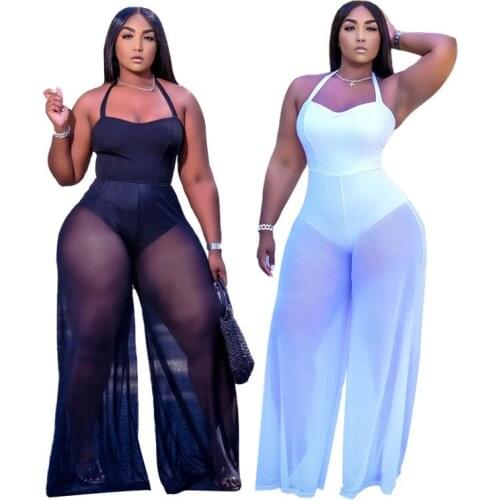 Plus Size 5xl Jumpsuit Women Wholesale Bodysuit Summer Mesh Patchwork Wide Leg Birthday Sexy New One Piece Outfits Dropshipping