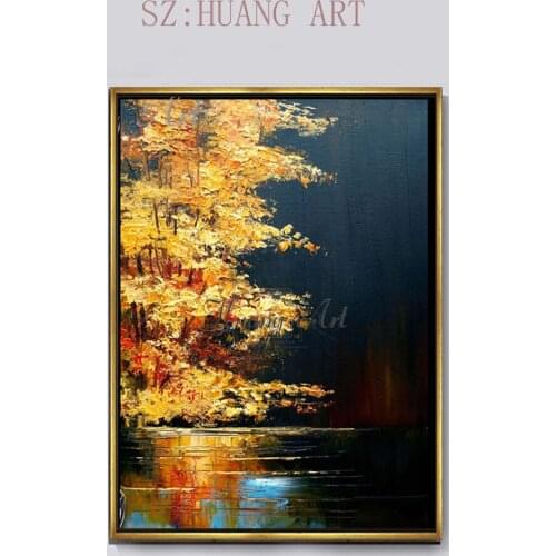 Hand painted oil painting impression, scenery riverside golden tree, modern simple living room vestibule, hanging mural painting