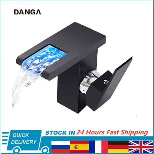 LED Basin Faucet Luminous Waterfall Temperature Colors Change Brass Bathroom Mixer Tap Deck Mounted Wash Sink Glass Black Taps