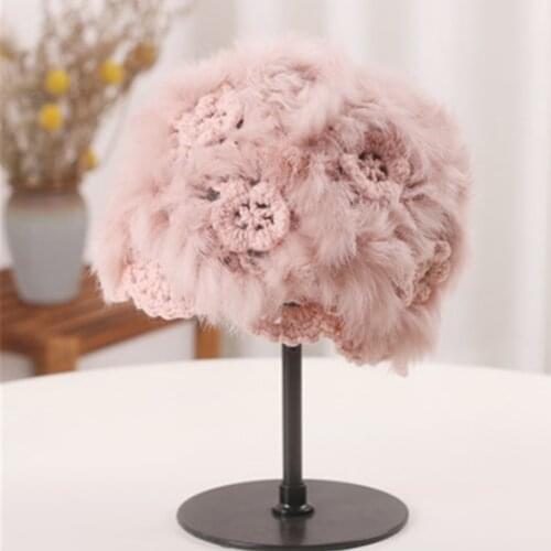 Knitted woolen hat women winter warm rabbit fur soy beanie hat handmade crochet cute hollow flower pullover hat