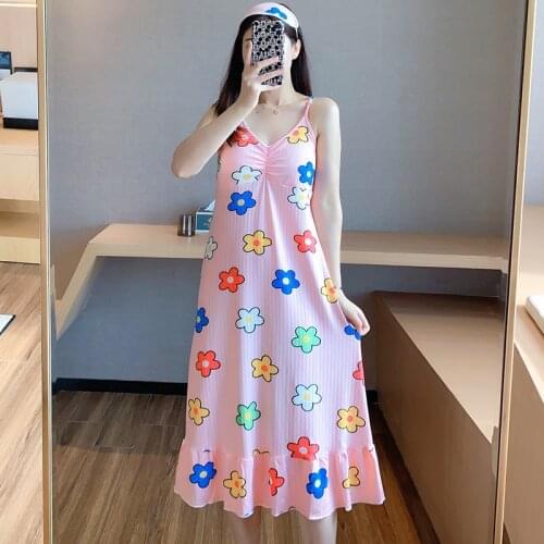 Womens Nightdress Summer Sling Sexy Nightgown & Sleepstirts with Chest Pad Long Knee Length Home Wear Sexy Nightwear Sleepwear